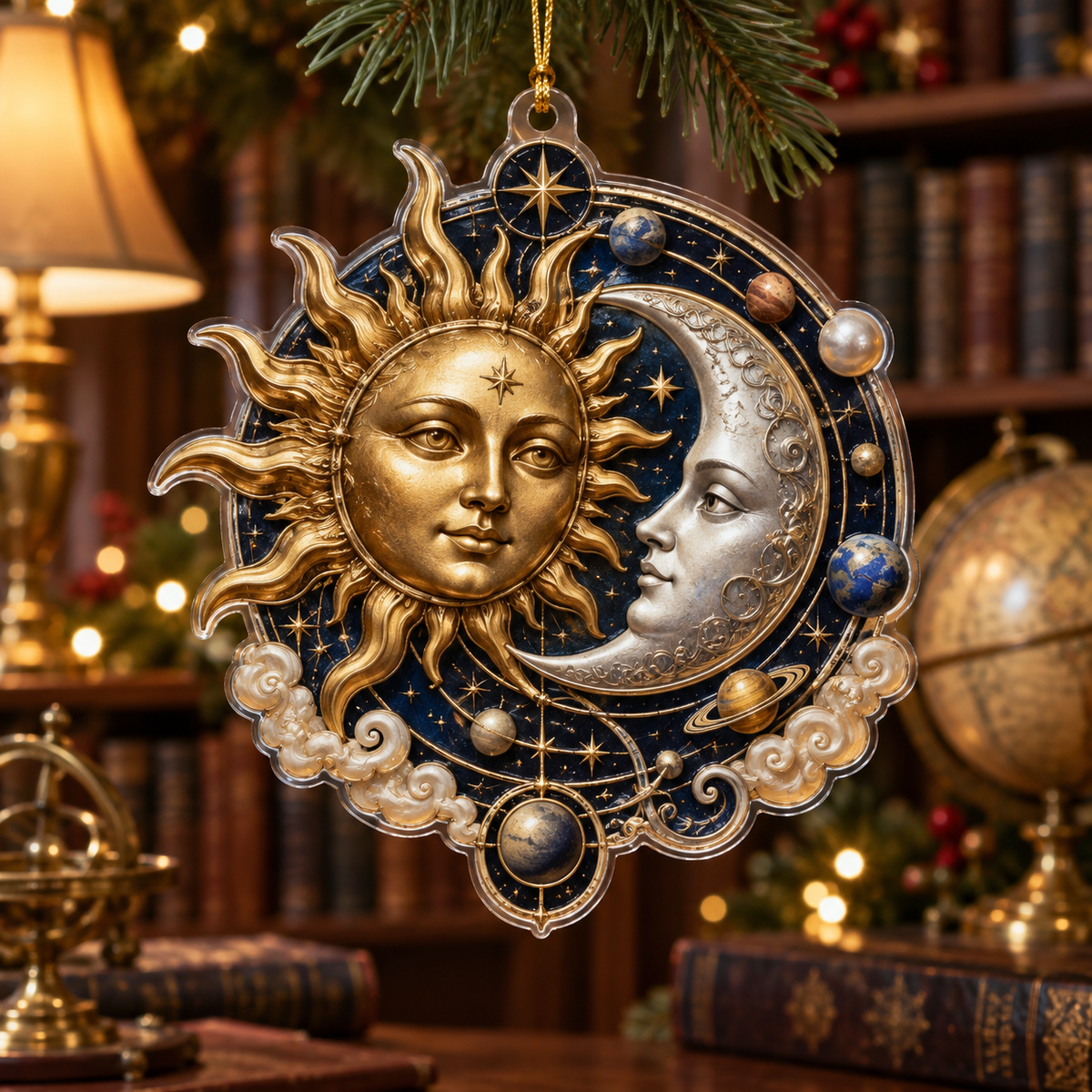 Sun and Moon Orrery Custom Shape Christmas Ornament with flat printed optical 3D celestial artwork in a collector room setting