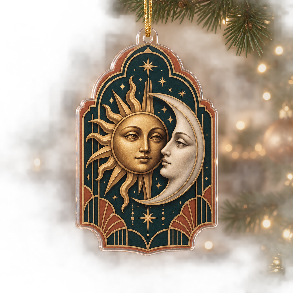 Sun and Moon Deco Arch Custom Shape Christmas Ornament with flat printed optical 3D artwork in teal and terracotta