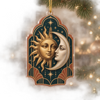 Sun and Moon Deco Arch Custom Shape Christmas Ornament with flat printed optical 3D artwork in teal and terracotta