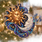 Sun and Moon Studio Custom Shape Christmas Ornament with flat printed optical 3D copper sun and pearl moon artwork in blue and violet