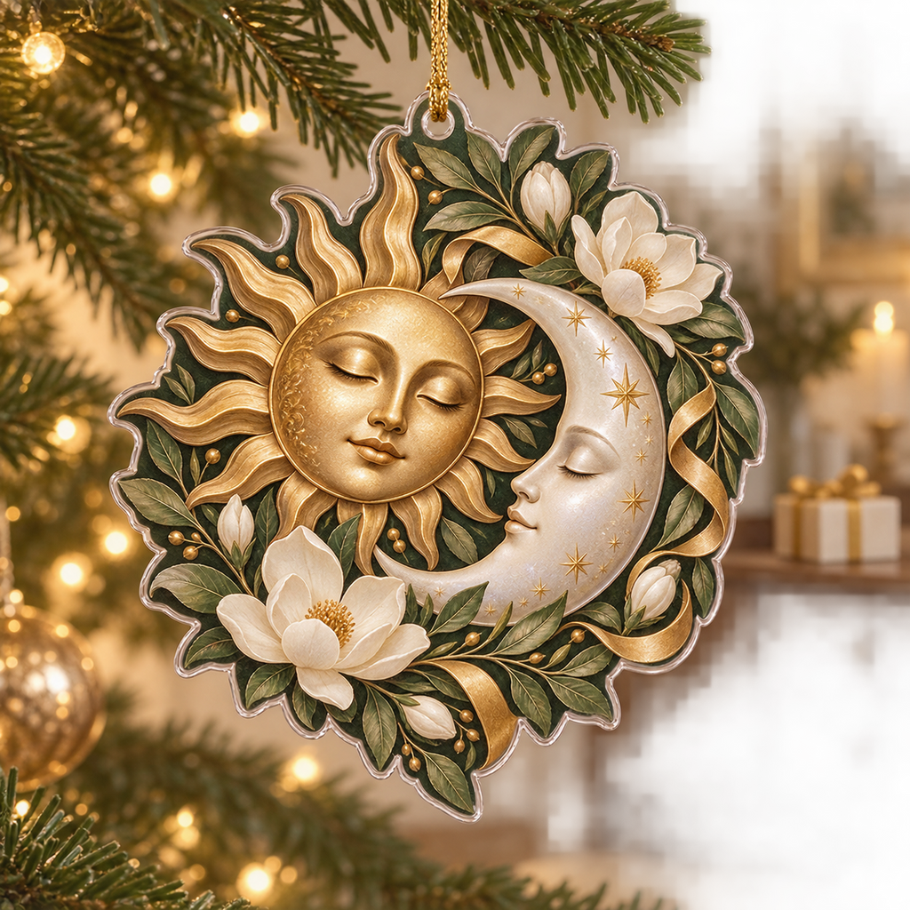 Sun and Moon Magnolia Custom Shape Christmas Ornament with flat printed optical 3D celestial botanical artwork on emerald green