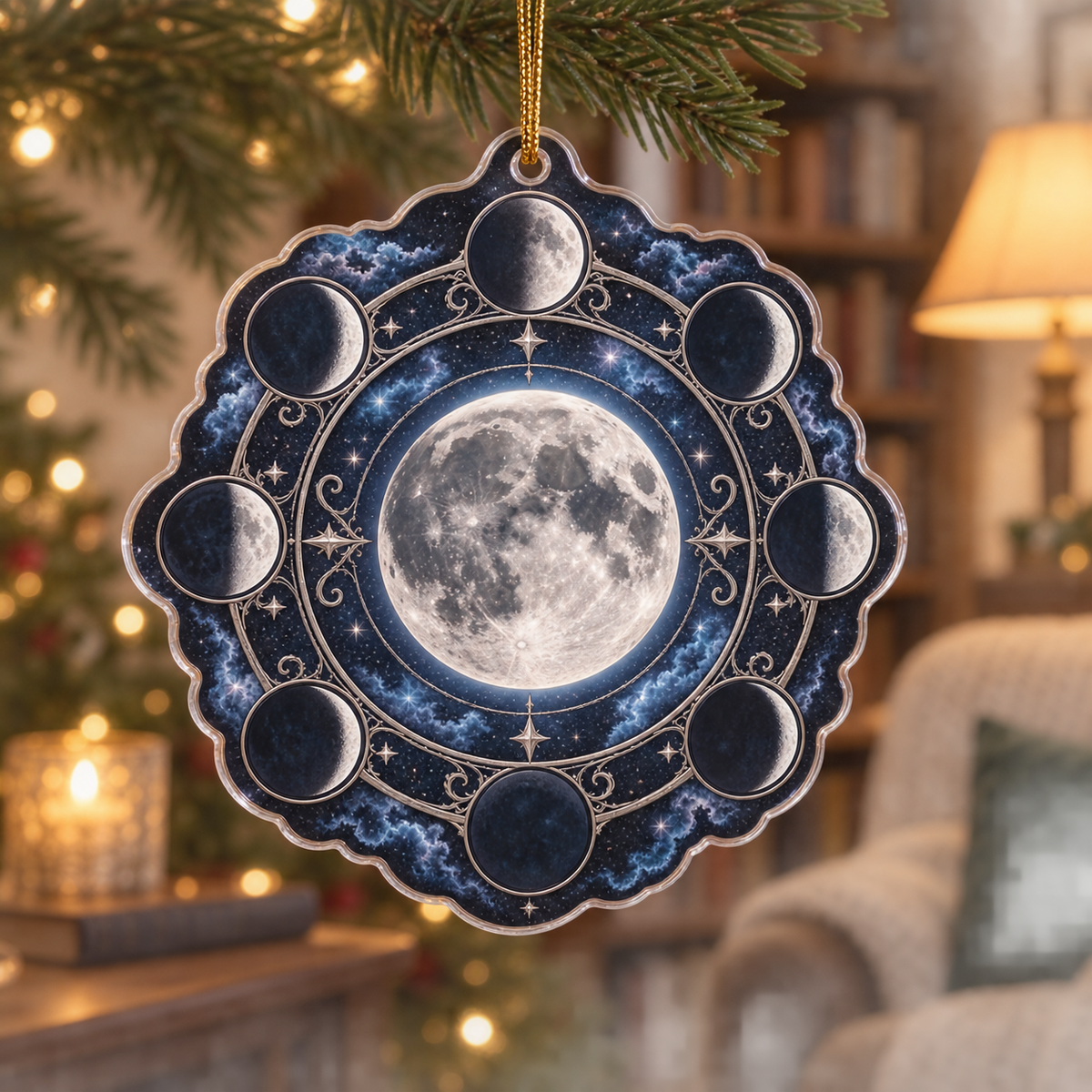 Moon Phase Circle Custom Shape Christmas Ornament with flat printed optical 3D silver lunar motifs on midnight indigo