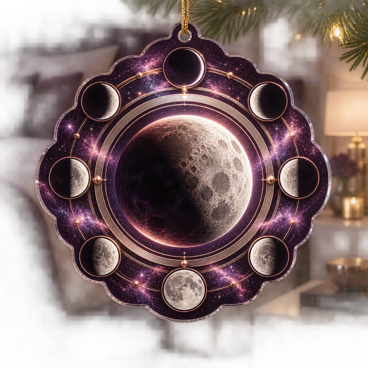 Moon Phase Violet Custom Shape Christmas Ornament with flat printed optical 3D lunar rings and violet clouds
