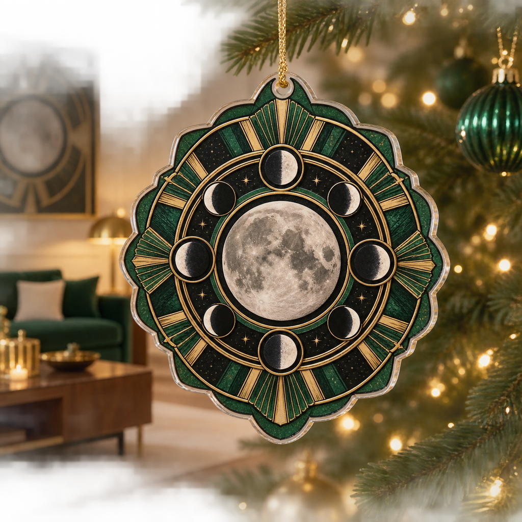 Moon Phase Emerald Custom Shape Christmas Ornament with flat printed optical 3D lunar rings and emerald Art Deco details