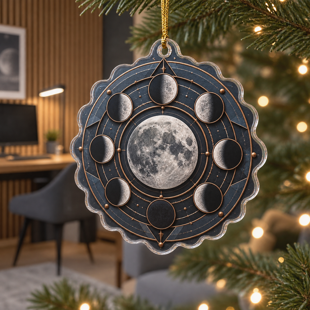 Moon Phase Slate Custom Shape Christmas Ornament with flat printed optical 3D lunar motifs and copper-colored orbital lines