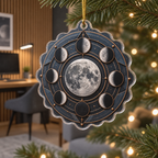 Moon Phase Slate Custom Shape Christmas Ornament with flat printed optical 3D lunar motifs and copper-colored orbital lines