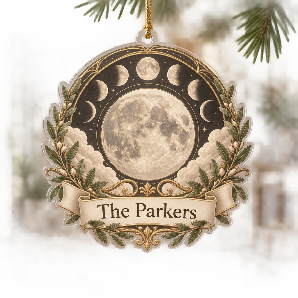 Personalized Moon Phase Custom Shape Christmas Ornament with printed optical 3D lunar artwork and example name The Parkers