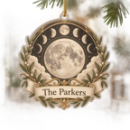 Personalized Moon Phase Custom Shape Christmas Ornament with printed optical 3D lunar artwork and example name The Parkers