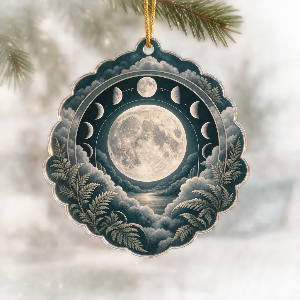 Moon Phase Mist Fern Custom Shape Christmas Ornament with flat printed optical 3D lunar motifs, mist clouds and ferns on teal