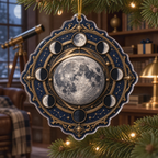 Moon Phase Armillary Custom Shape Christmas Ornament with flat printed optical 3D lunar motifs and bronze-colored rings on sapphire navy