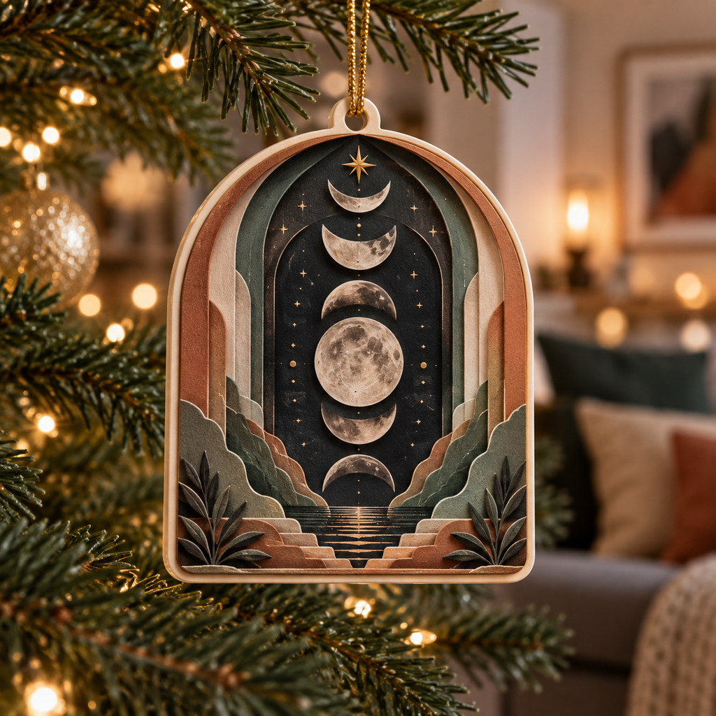 Moon Phase Apartment Custom Shape Christmas Ornament with flat printed optical 3D lunar discs and layered arches in terracotta, sage, cream and charcoal