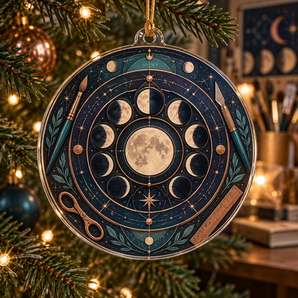 Moon Phase Maker Custom Shape Christmas Ornament with flat printed optical 3D lunar circles and craft geometry in indigo copper teal and ivory