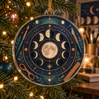 Moon Phase Maker Custom Shape Christmas Ornament with flat printed optical 3D lunar circles and craft geometry in indigo copper teal and ivory