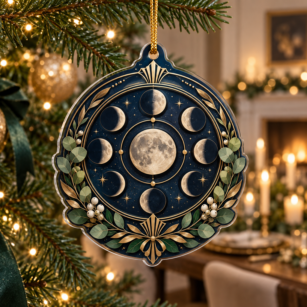 Moon Phase Host Gift Custom Shape Christmas Ornament with flat printed optical 3D lunar phases and botanical hospitality accents
