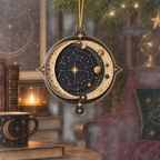 Constellation Map Custom Shape Christmas Ornament with flat printed optical 3D celestial map in navy antique gold parchment and burgundy