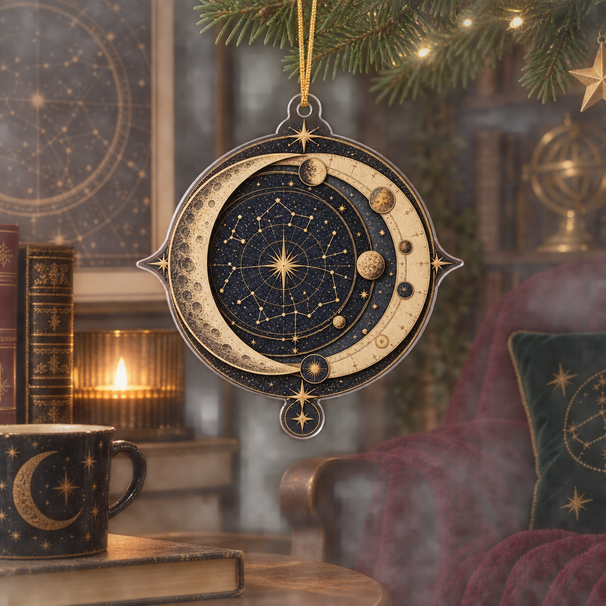 Constellation Map Custom Shape Christmas Ornament with flat printed optical 3D celestial map in navy antique gold parchment and burgundy