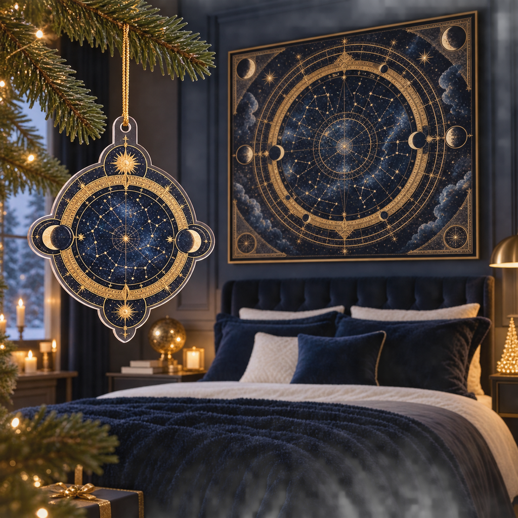 Constellation Statement Custom Shape Christmas Ornament with flat printed optical 3D astrolabe map in obsidian navy gold sapphire and ivory