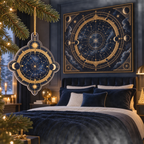 Constellation Statement Custom Shape Christmas Ornament with flat printed optical 3D astrolabe map in obsidian navy gold sapphire and ivory