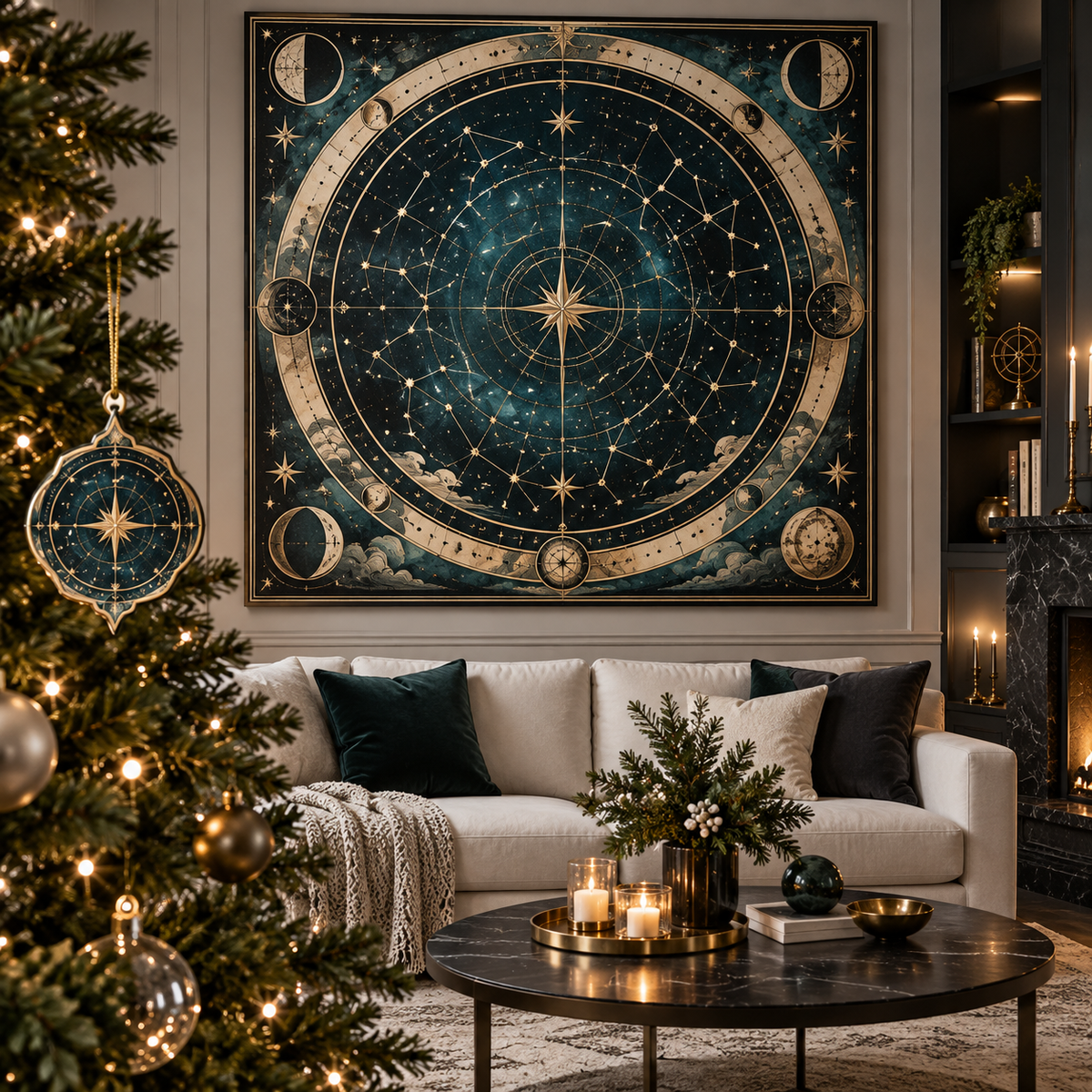 Constellation Focal Point Custom Shape Ornament with flat printed optical 3D astrolabe map in midnight teal brass cream and charcoal