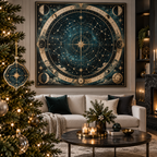 Constellation Focal Point Custom Shape Ornament with flat printed optical 3D astrolabe map in midnight teal brass cream and charcoal