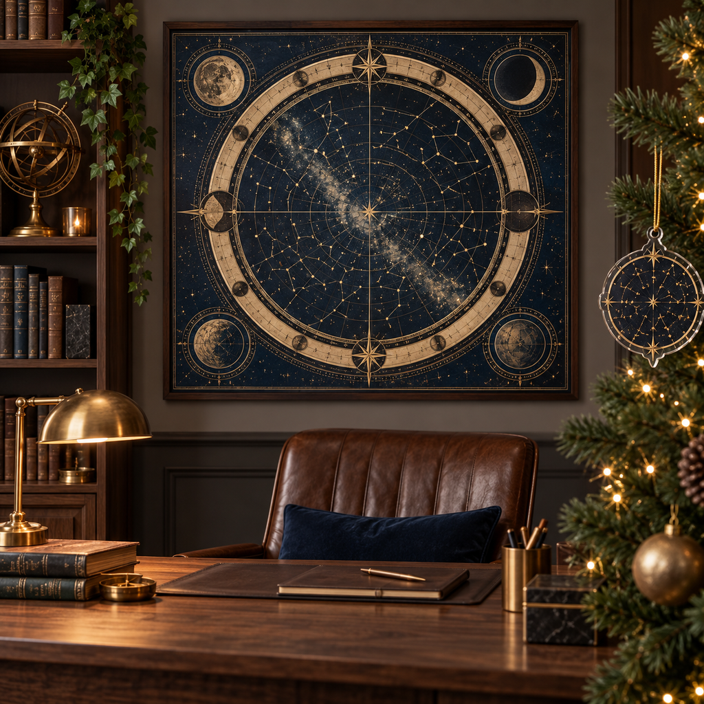 Constellation Office Backdrop Custom Shape Ornament with flat printed optical 3D astrolabe map in midnight teal brass cream and charcoal