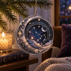 Constellation Quiet Corner Custom Shape Ornament with flat printed optical 3D astrolabe map in midnight teal brass cream and charcoal