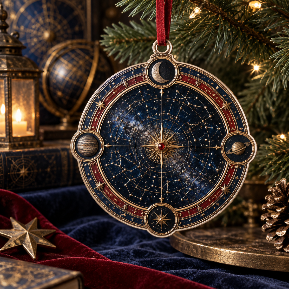 Constellation Collector Custom Shape Ornament with flat printed optical 3D celestial atlas medallions in museum navy bronze ruby and parchment