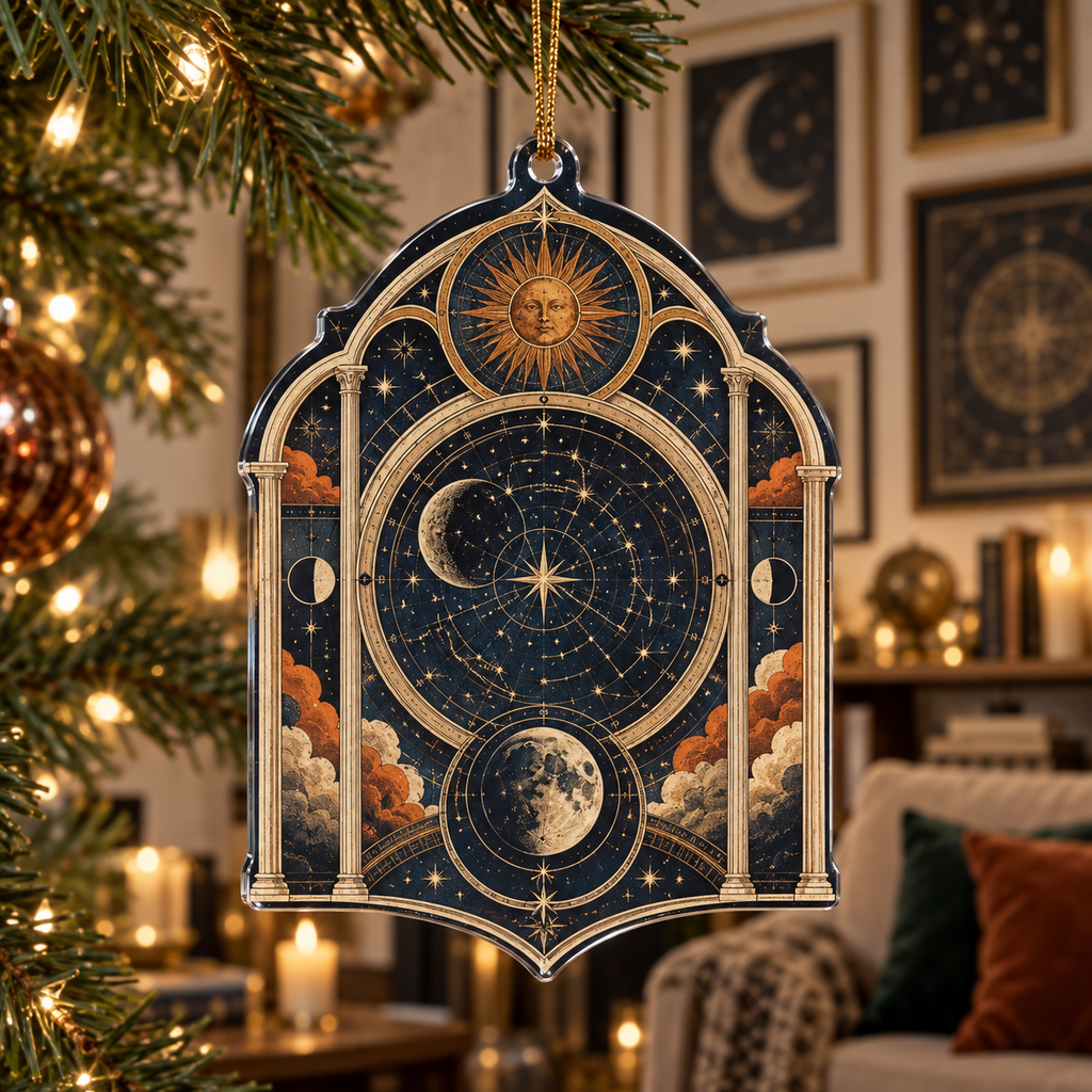 Constellation Gallery Wall Custom Shape Ornament with flat printed optical 3D celestial gallery arches in midnight blue aged brass burnt orange and ivory