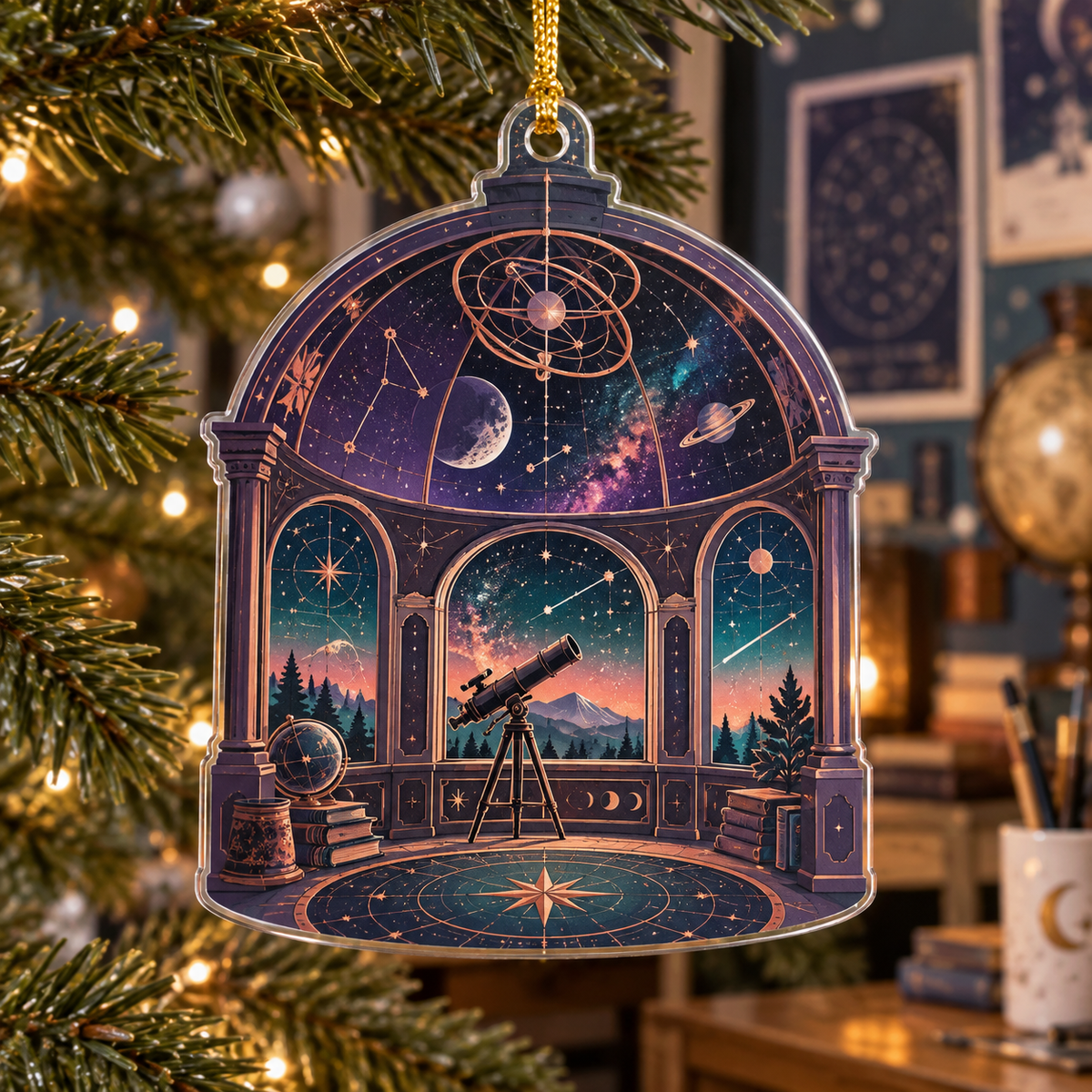 Constellation Hobby Studio Custom Shape Ornament with flat printed optical 3D celestial gallery arches in ultraviolet deep teal copper coral and pearl
