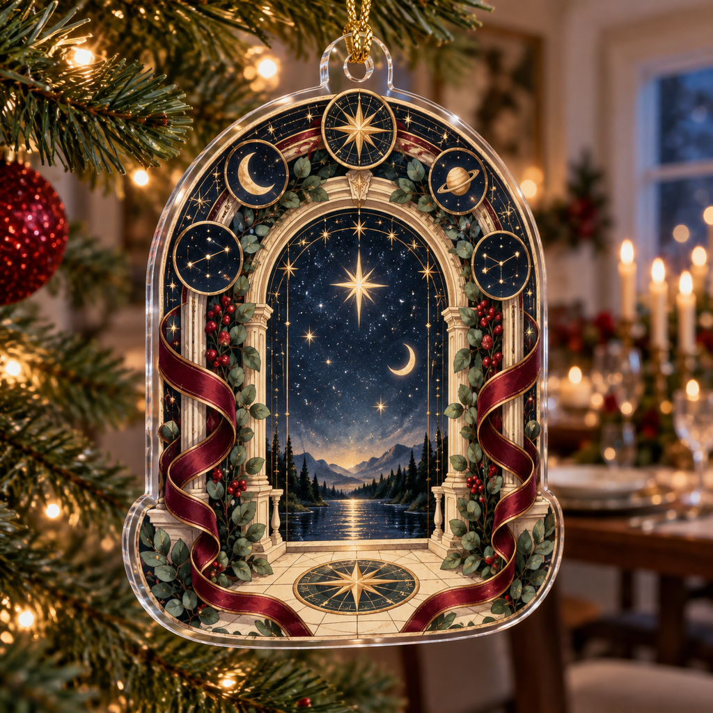 Constellation Host Thank You Custom Shape Ornament with flat printed optical 3D celestial gallery arches in midnight navy champagne gold cranberry eucalyptus green and warm ivory