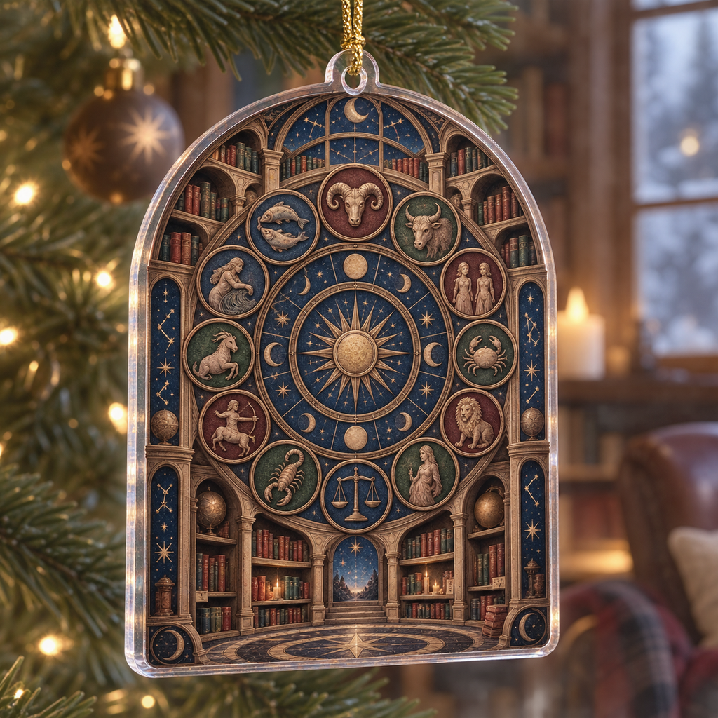 Zodiac Reading Nook Custom Shape Ornament with flat printed optical 3D celestial gallery arches in ink blue antique copper oxblood moss and parchment