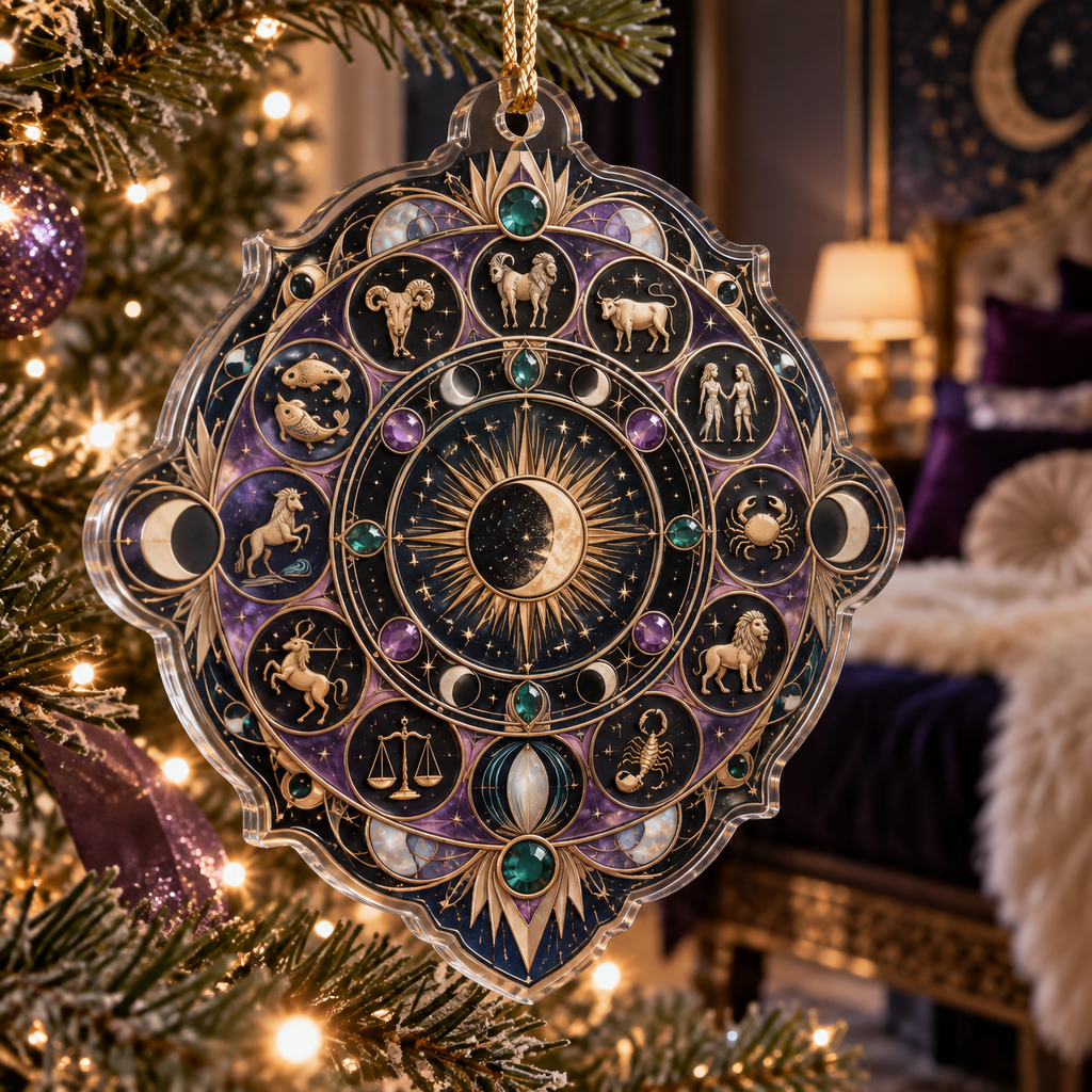 Zodiac Bedroom Statement Custom Shape Ornament with flat printed optical 3D celestial gallery arches in black sapphire royal purple rose gold emerald and moonstone ivory
