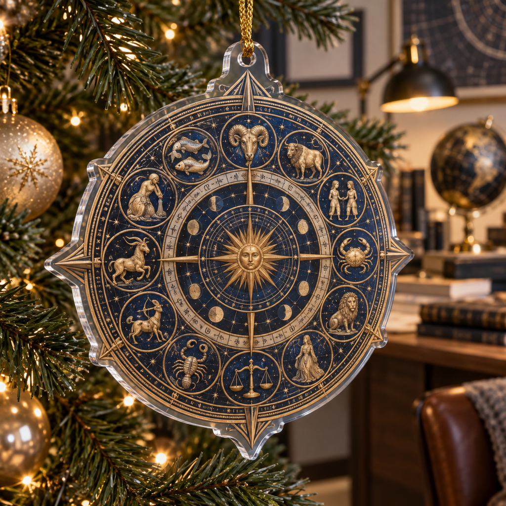 Zodiac Home Office Custom Shape Ornament with flat printed optical 3D celestial gallery arches in graphite midnight blue brushed brass cognac and cool ivory