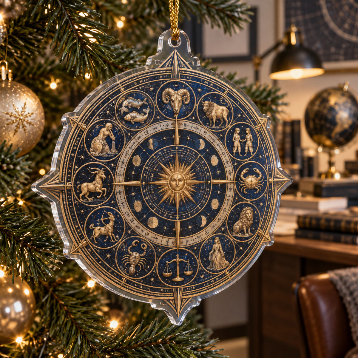 Zodiac Home Office Custom Shape Ornament with flat printed optical 3D celestial gallery arches in graphite midnight blue brushed brass cognac and cool ivory