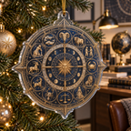 Zodiac Home Office Custom Shape Ornament with flat printed optical 3D celestial gallery arches in graphite midnight blue brushed brass cognac and cool ivory