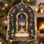 Personalized Zodiac Custom Shape Ornament showing sample family name integrated into flat printed optical 3D zodiac wheel artwork