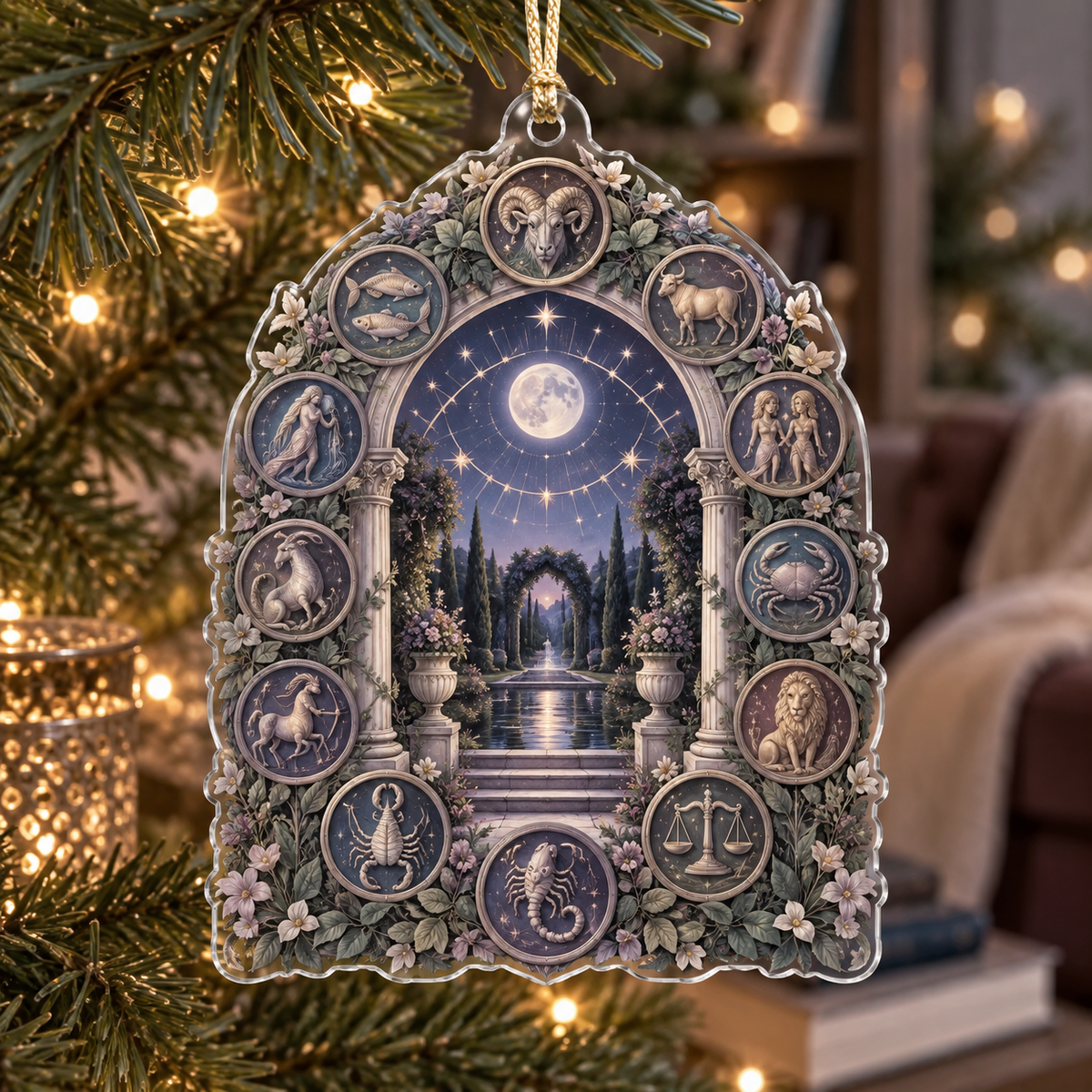 Zodiac Quiet Corner Custom Shape Ornament with flat printed optical 3D celestial gallery arches in dusty indigo muted sage antique pewter mauve and warm cream