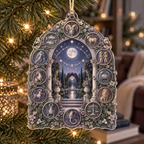 Zodiac Quiet Corner Custom Shape Ornament with flat printed optical 3D celestial gallery arches in dusty indigo muted sage antique pewter mauve and warm cream