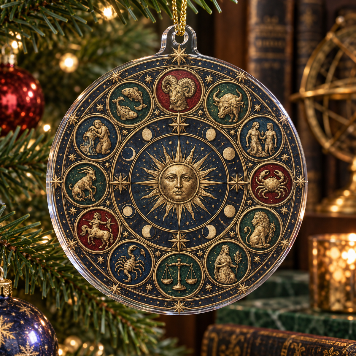 Zodiac Collector Birthday Custom Shape Ornament with flat printed optical 3D celestial gallery arches in obsidian blue aged bronze garnet malachite and vellum