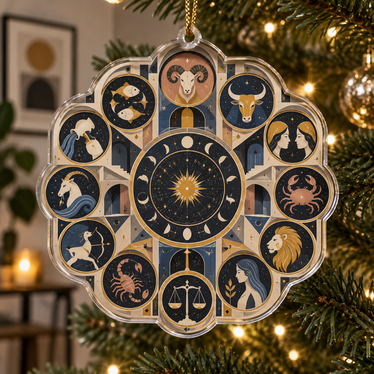 Zodiac Apartment Gallery Custom Shape Ornament with flat printed optical 3D celestial gallery arches in charcoal cobalt ochre dusty rose and bone white