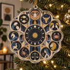 Zodiac Apartment Gallery Custom Shape Ornament with flat printed optical 3D celestial gallery arches in charcoal cobalt ochre dusty rose and bone white