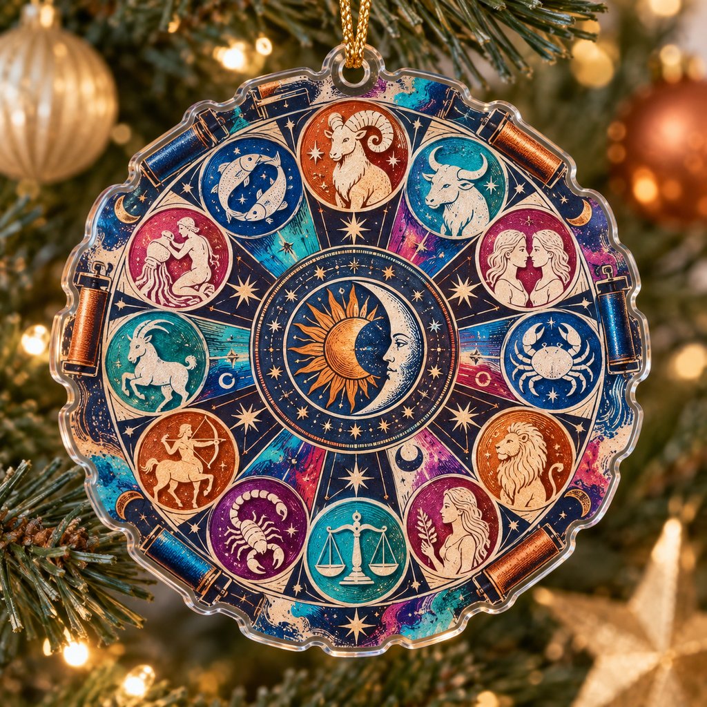 Zodiac Hobby Studio Custom Shape Ornament with flat printed optical 3D celestial gallery arches in ultramarine magenta turquoise copper orange and soft cream