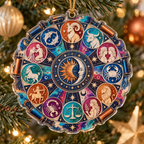 Zodiac Hobby Studio Custom Shape Ornament with flat printed optical 3D celestial gallery arches in ultramarine magenta turquoise copper orange and soft cream