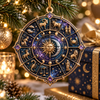 Zodiac Host Thank You Custom Shape Ornament with flat printed optical 3D zodiac wheel in midnight blue amethyst and copper gold