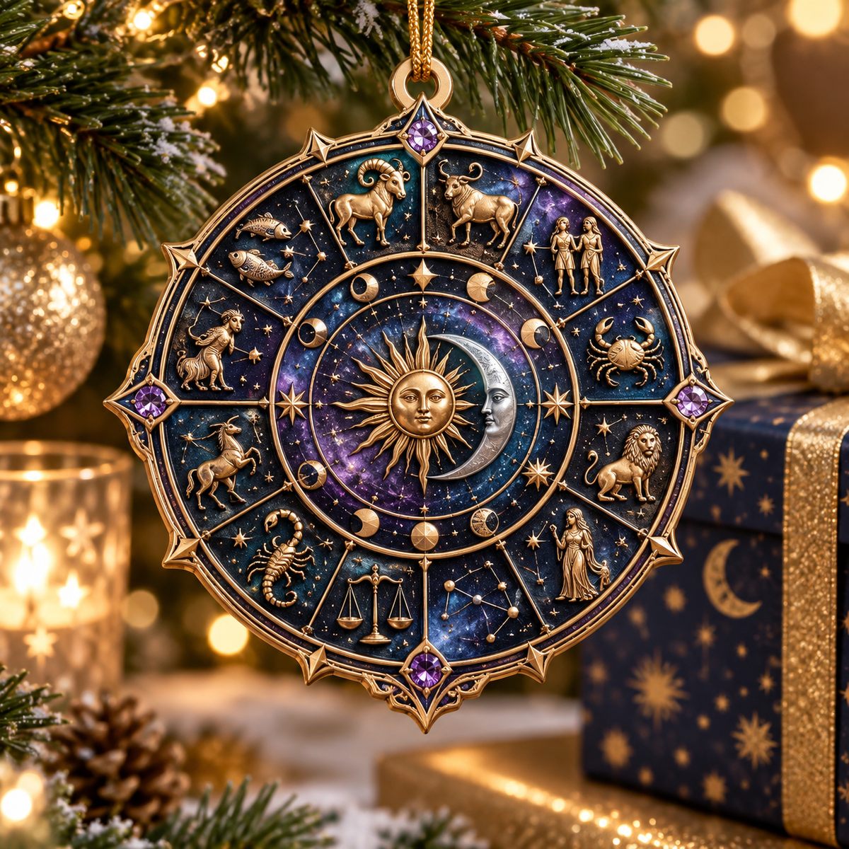 Zodiac Host Thank You Custom Shape Ornament with flat printed optical 3D zodiac wheel in midnight blue amethyst and copper gold