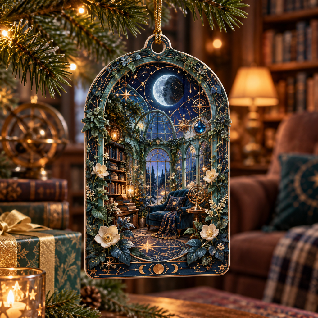 Celestial Botanical Garden Custom Shape Ornament with flat printed optical 3D moonlit conservatory in indigo teal ivory copper gold and sapphire