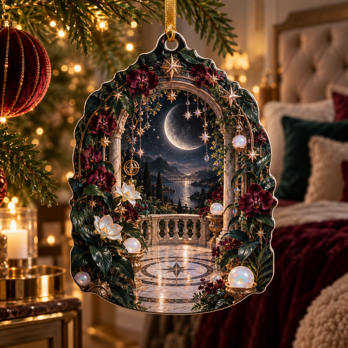 Moonlit Botanical Bedroom Custom Shape Ornament with flat printed optical 3D baroque garden in black emerald burgundy pearl and rose gold
