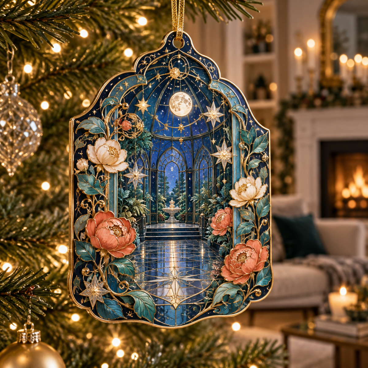 Celestial Garden Living Room Custom Shape Ornament with flat printed optical 3D Art Nouveau garden in cobalt turquoise coral cream and antique brass