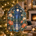 Celestial Garden Living Room Custom Shape Ornament with flat printed optical 3D Art Nouveau garden in cobalt turquoise coral cream and antique brass