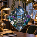 Celestial Garden Home Office Custom Shape Ornament with flat printed optical 3D futuristic garden in graphite cyan violet white and gold